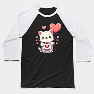 Purrfect Valentine's Day: Cat Delivers Love Letter and Heart Balloon Baseball T-Shirt